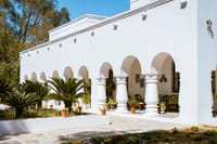 White arcaded facade behind palms