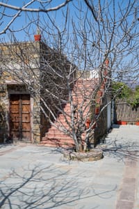 Stone building with carved wooden door and sandstone steps