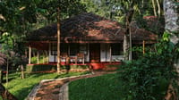 Thatched cottage with verandah and cane chairs