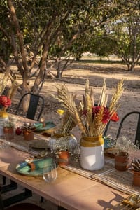 Table set under the orchard trees with dried-flower arrangements