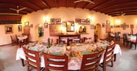 Dining room interior with a long shared table