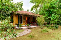 A yellow timber cottage with a tiled roof and its own verandah