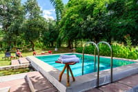 The forest view plunge pool, a lily pond beside it and a hammock in the trees