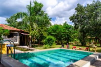 The plunge pool and the lawn, cottages behind the trees