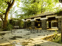 The stone dining terrace under the trees