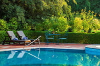 The pool, with loungers and the hedge behind