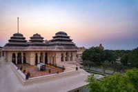 The temple-style architecture at sunset