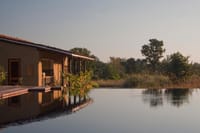 Infinity pool beside the lodge reflecting trees and sky at sunrise at Samode Safari Lodge, Bandhavgarh