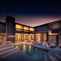 Kothi courtyard with private pool, day-beds and umbrella under a starry night sky at Aramness, Sasan Gir