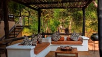 The open lounge deck under its timber pergola, looking down the path into the bamboo at Reni Pani Jungle Lodge, Satpura