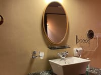 Bathroom vanity with oval mirror, white basin and wall-mounted magnifying mirror at Irai Safari Retreat, Tadoba