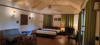 Bedroom with pitched timber ceiling, green curtains, double bed and seating area at Irai Safari Retreat, Tadoba