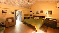 Double bedroom with green bedspread, block-printed fabric ceiling and door to the garden at Mela Kothi – Chambal Safari Lodge, Chambal