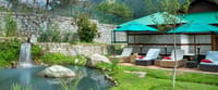Loungers beside the natural spring-water pool and waterfall
