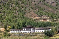 Wide view of the sanctuary buildings set against a pine-covered hillside at Bhutan Spirit Sanctuary, Paro