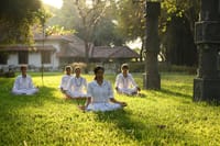 Group yoga session on the lawn beside carved stone pillars at Svatma, Thanjavur