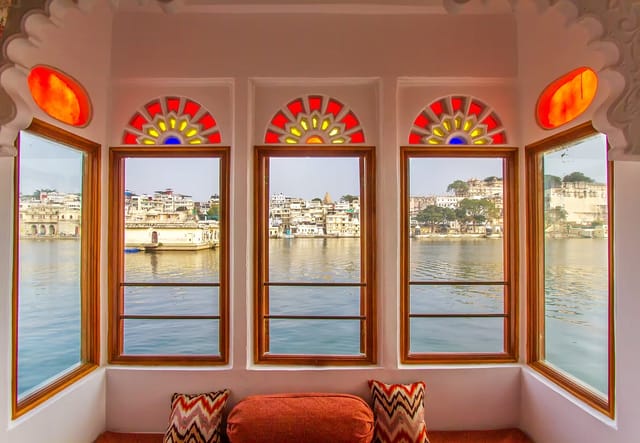 The bay window of a Lake Facing Suite at Amet Haveli, over Lake Pichola