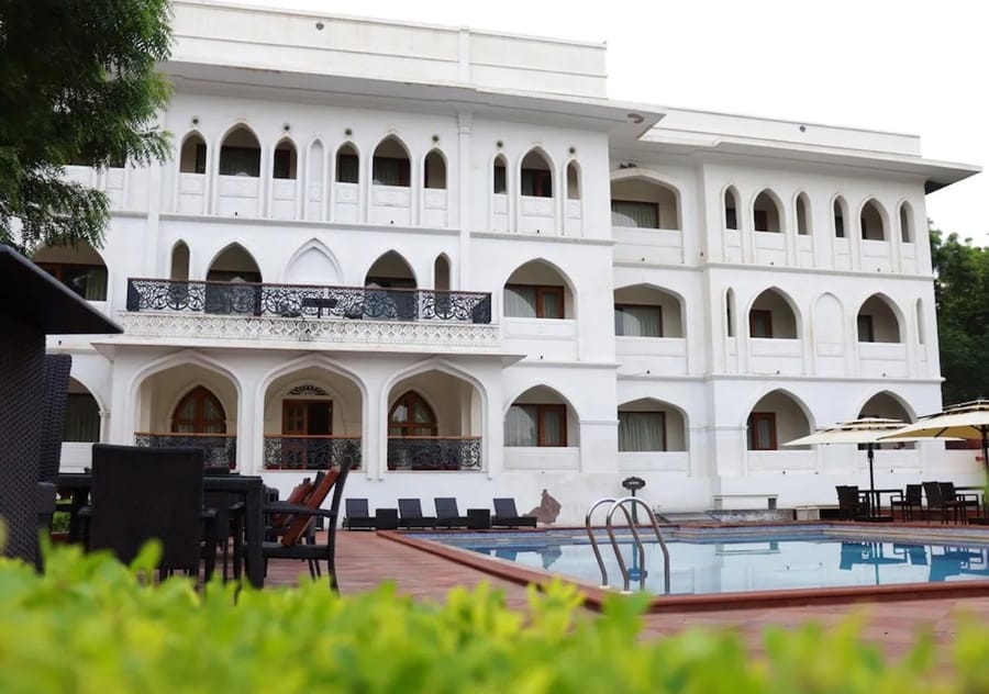 The pool and the white wing at the Maharaja Ganga Mahal, Bikaner