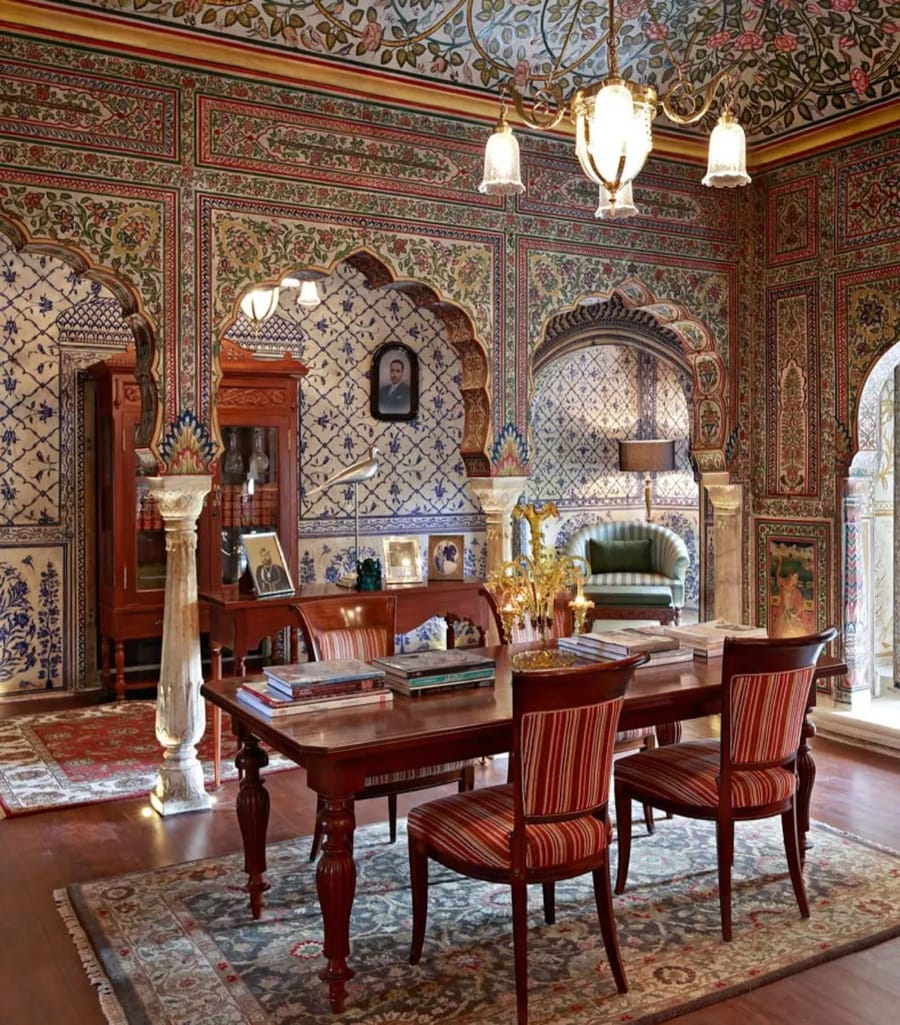 Painted heritage interiors at Samode Haveli, Jaipur