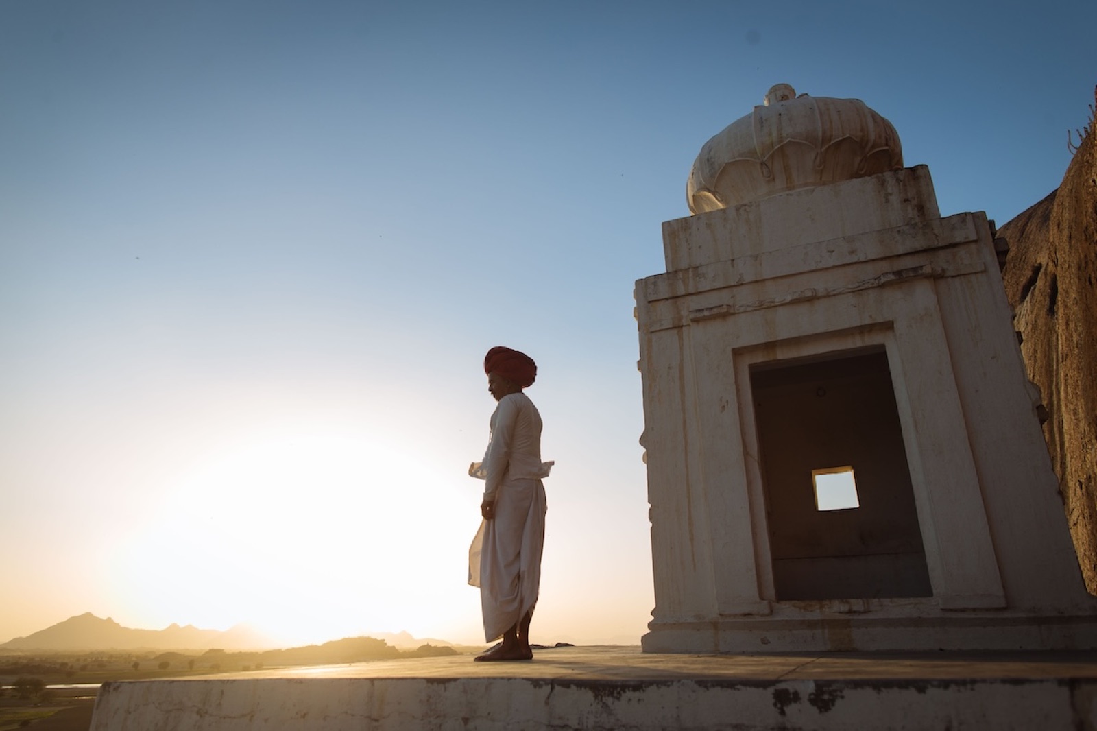 A hilltop temple at sunset in the Jawai hills