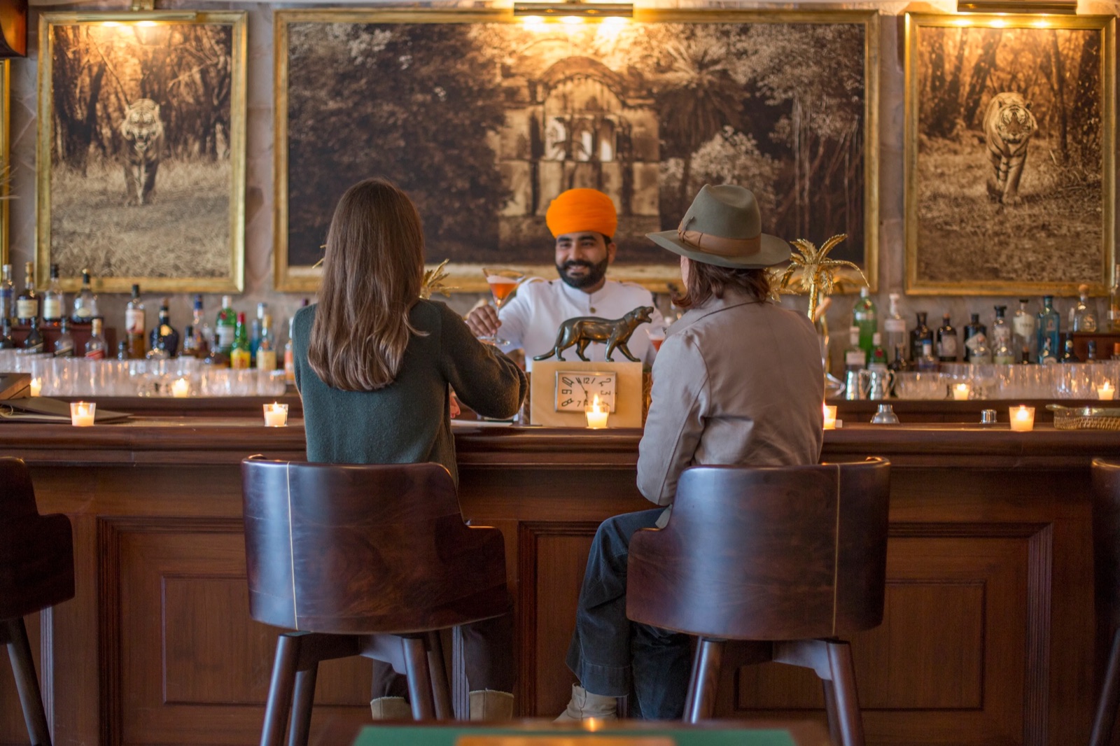 The camp bar, beneath a century of tiger photographs
